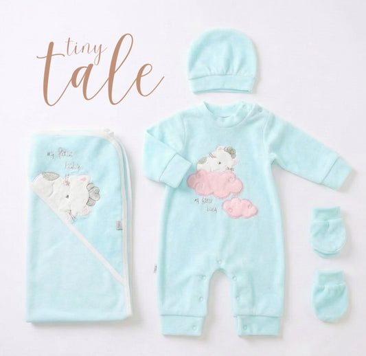 Newborn Velvet Coming Home Set with Blanket – Sleepsuit, Blanket, Hat & Mittens | Pastel Colors by TinyTale Tinytale