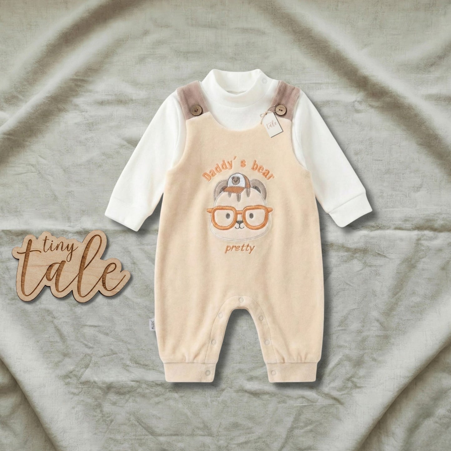 Tiny Tale Daddy’s Bear Velvet Romper – Winter Baby Boy Outfit