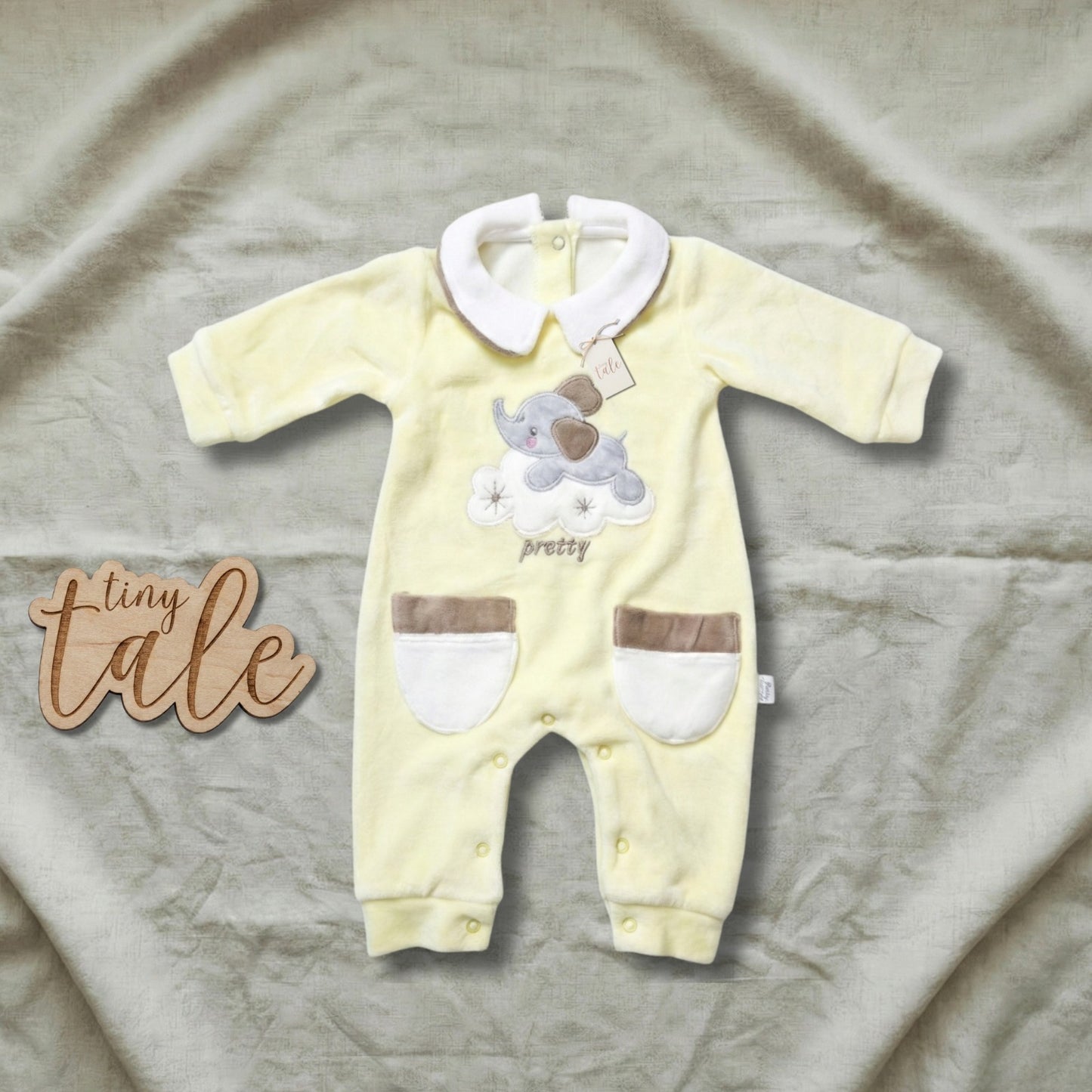 Blue Plush Baby Boy Romper Set with Elephant Print – sterilized and ready in a gift box, perfect for welcoming your little boy.