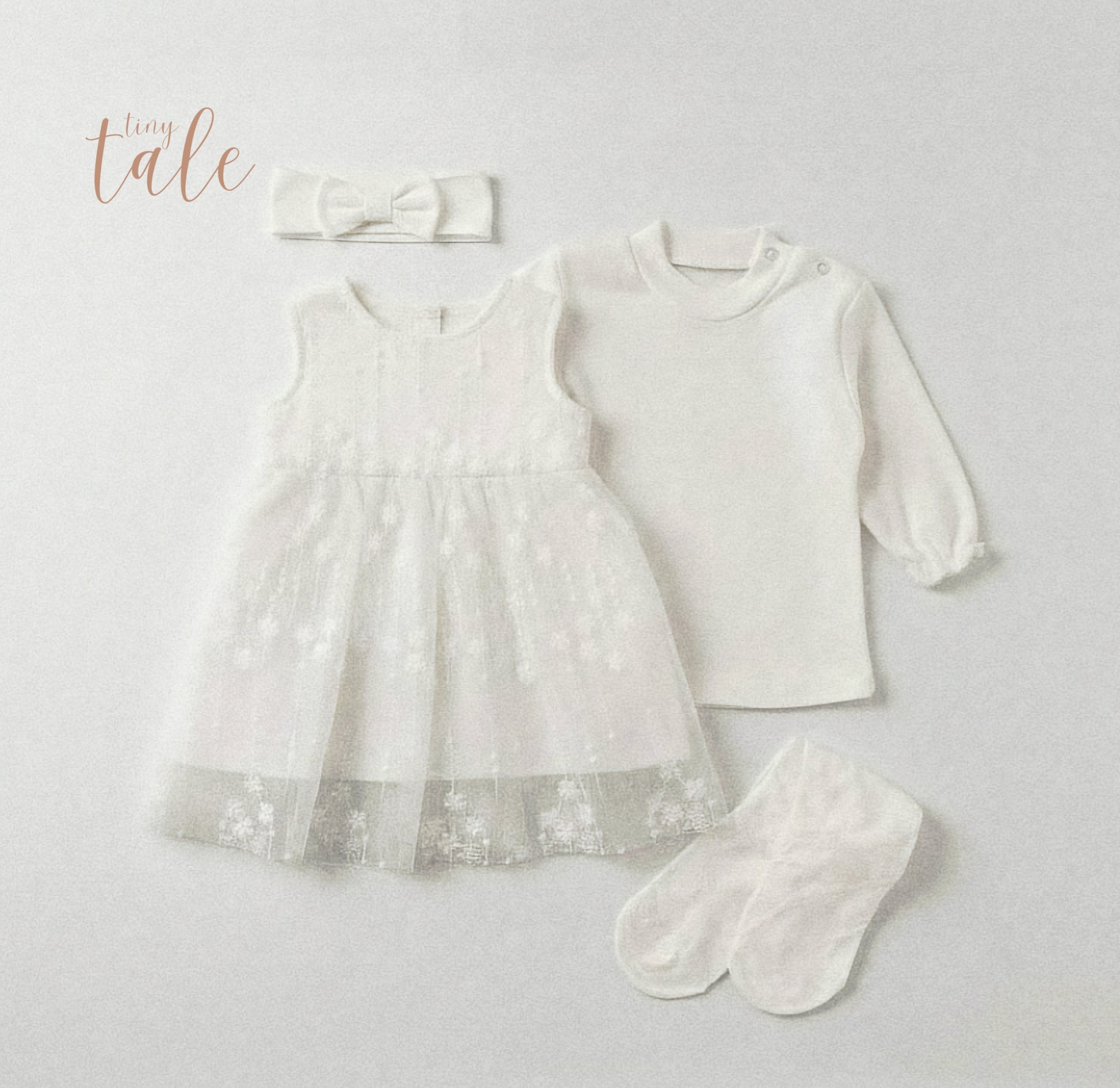 Newborn Baby Girl White Coming Home Dress Set – Tulle Dress with Long-Sleeve Top, Socks & Headband | TinyTale Tinytale