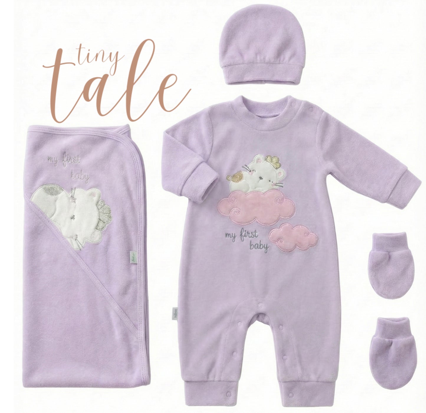 Newborn Velvet Coming Home Set with Blanket – Sleepsuit, Blanket, Hat & Mittens | Pastel Colors by TinyTale Tinytale
