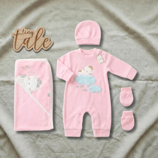 طقم استقبال المولود الجديد المخملي مع بطانية - بدلة نوم، بطانية، قبعة وقفازات | ألوان باستيل من تيني تيل